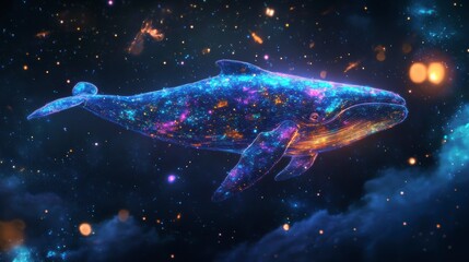 Cosmic whale swimming in nebula, colorful stardust.