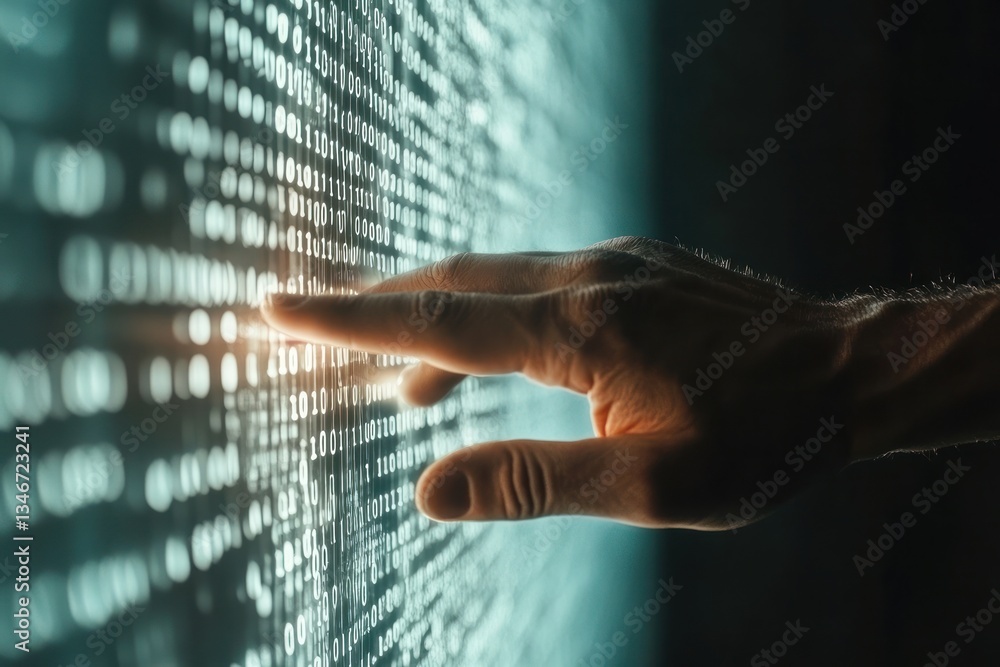 Poster hand touching digital binary code on wall in dark environment