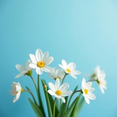 Aesthetic composition of white flowers in bloom set against a serene blue backdrop, decorative, serene, vibrant