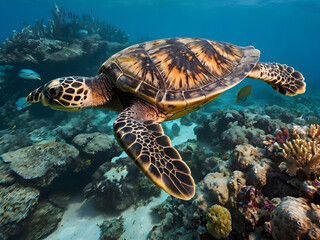 Ocean Dweller: An eye-level shot of a sea turtle gracefully glides through the crystal-clear turquoise waters above a vibrant coral reef, a symbol of the marine ecosystem. 