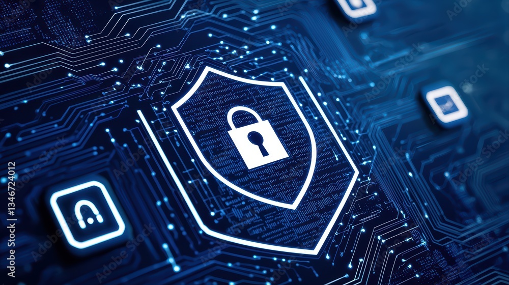 Poster close-up concept of ai powered cyber defense with shield and lock symbol on digital background