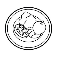 Healthy Eating Apple, Broccoli, Tomato Plate Line Drawing