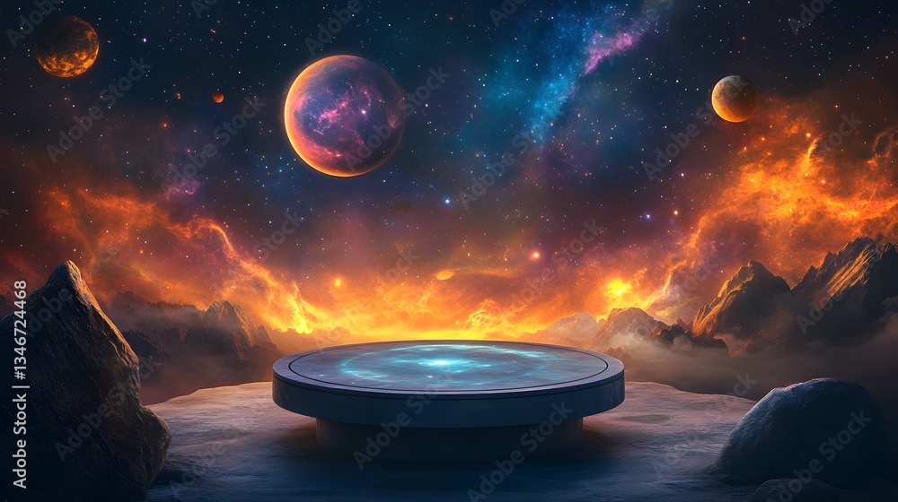 Poster a celestial podium resting on a floating asteroid, surrounded by glowing nebulae and distant planets