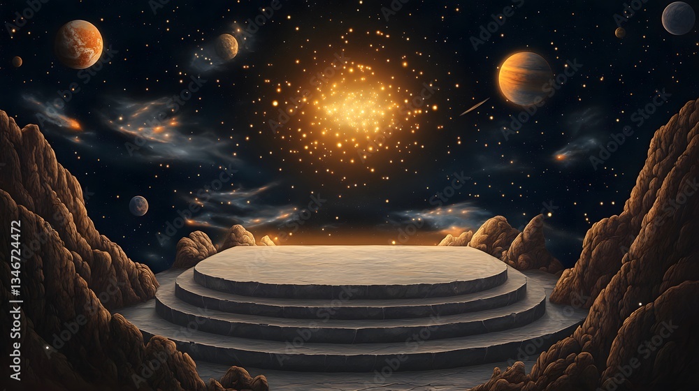 Poster a celestial podium resting on a floating asteroid, surrounded by glowing nebulae and distant planets
