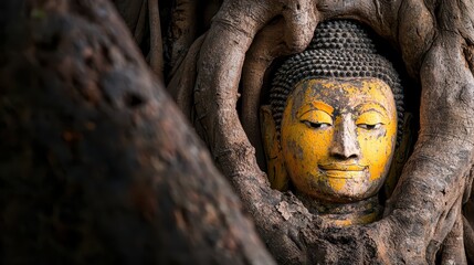 Fototapeta premium Mesmerizing Ancient Ruins with Buddha Head Enveloped by Roots in a Serene Landscape