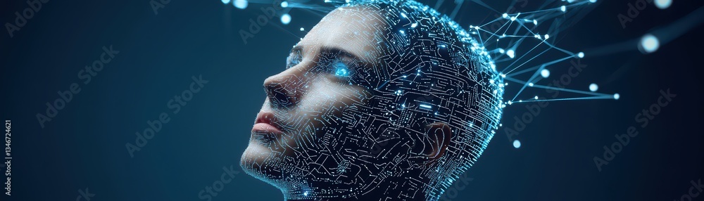 Poster futuristic concept of artificial intelligence with humanistic features and digital elements