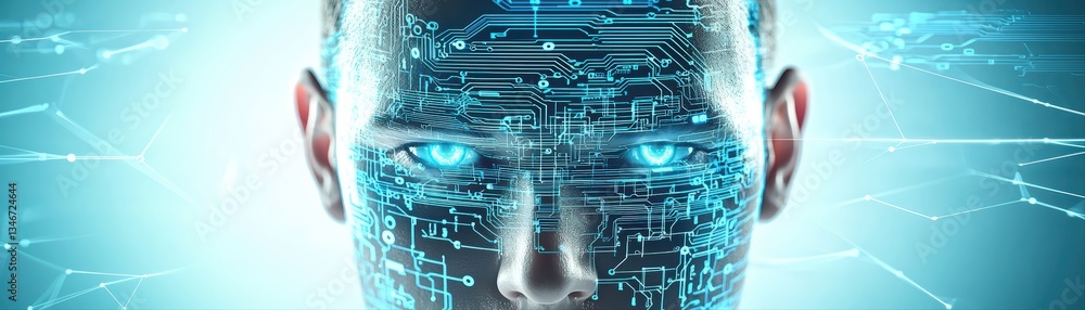 Poster futuristic concept of artificial intelligence displayed on a human face with digital circuit pattern
