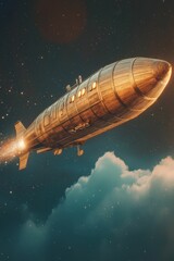 Steampunk airship soars through a starry night.