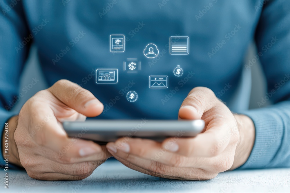 Poster close-up of person using banking app for payment transactions with digital icons