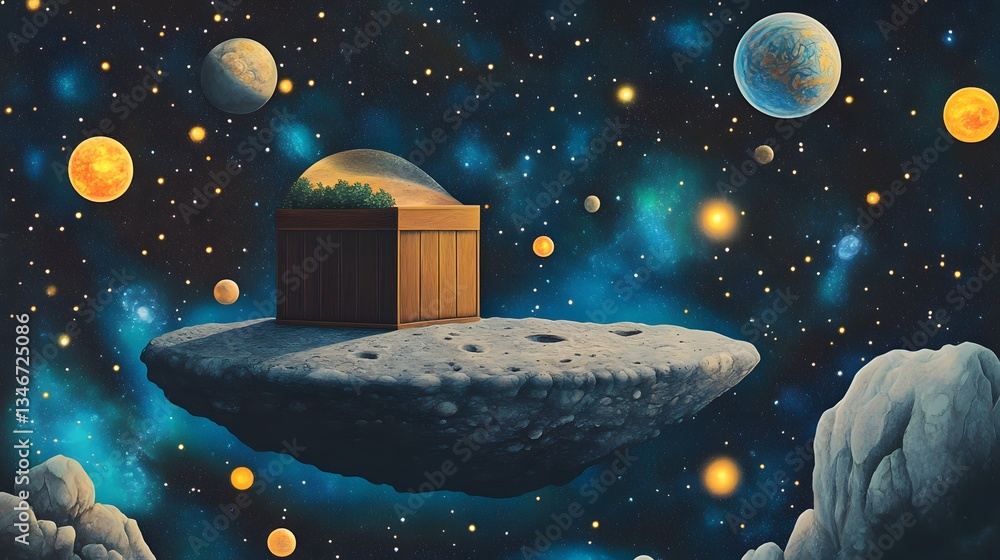 Poster a celestial podium resting on a floating asteroid, surrounded by glowing nebulae and distant planets