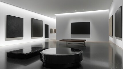 Modern art gallery interior with abstract paintings, minimalist furniture, and polished floors.