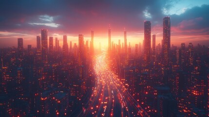 Fototapeta premium Futuristic city at sunset