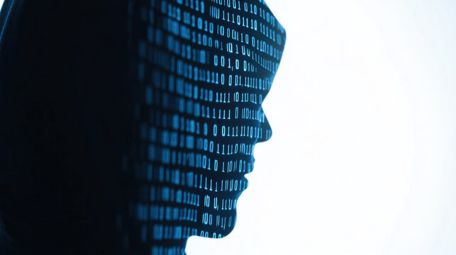 hacker silhouette with digital binary code pattern, representing technology and cybersecurity