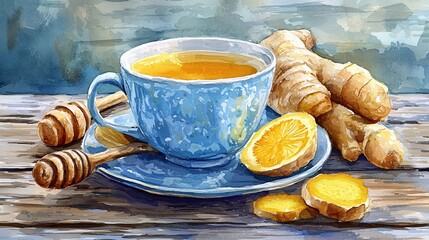 A watercolor illustration of a blue cup of tea with ginger and honey, garnished with orange slices on a rustic wooden surface.