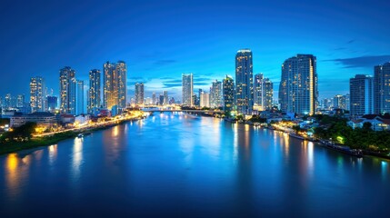 Obraz premium Vibrant Cityscape at Night with Illuminated Buildings and Reflective Water View