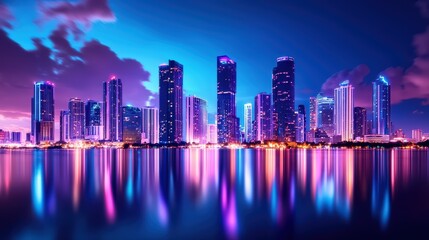 Fototapeta premium Vibrant Cityscape at Night with Colorful Reflections and Dynamic Skyline