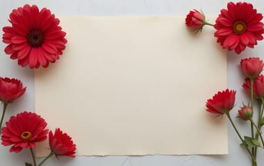 Obraz premium Red flowers with blank paper on copy space
