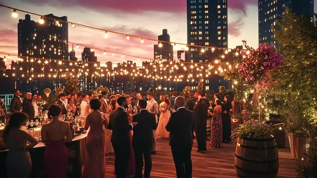 Elegant rooftop party at sunset with guests enjoying drinks and vibrant city skyline backdrop