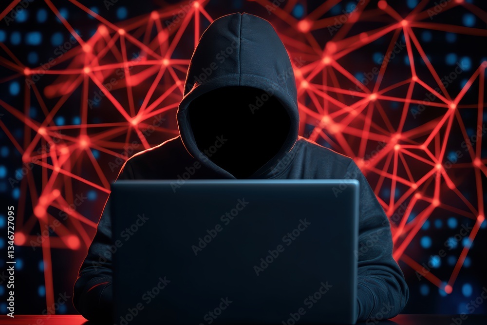 Poster concept of a mysterious hacker in a dark web environment with abstract background