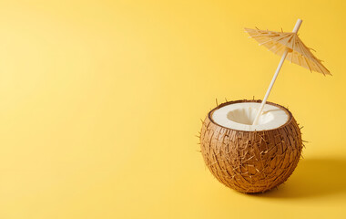 A mini coconut cocktail with an umbrella on a yellow background, minimal concept photography. Summer vacation concept