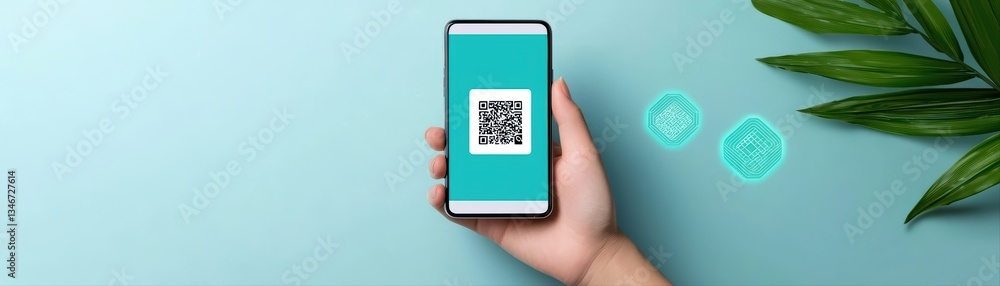 Poster hands holding smartphone displaying digital wallet concept with qr code on teal background
