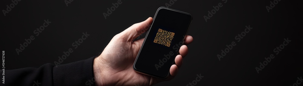Poster close-up of hands holding a smartphone displaying a digital wallet and qr code concept