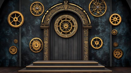 A podium made of interlocking gears and clockwork, representing the fusion of time and innovation.