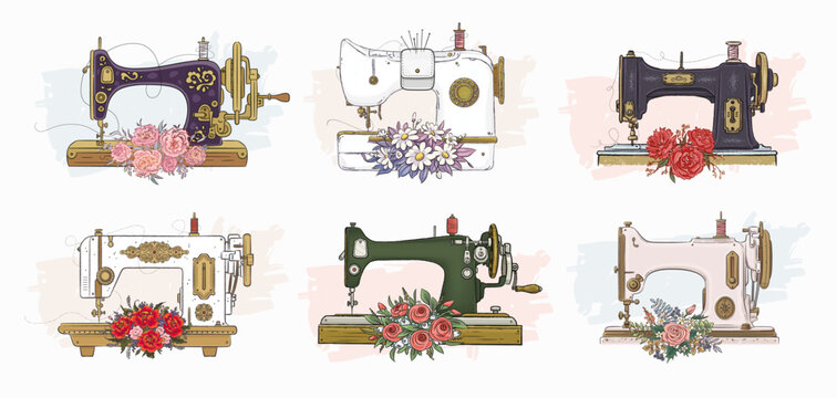 Set of hand drawn vintage sewing machine and flowers. Vector illustration