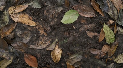 Obraz premium Fallen Autumn Leaves on Dark Soil Background Texture