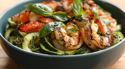 A vibrant dish featuring grilled shrimp atop a bed of zucchini noodles, garnished with fresh basil and a pesto sauce.
