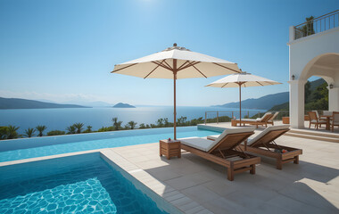 Plakat Fantastic private villa, terrace view with sun beds chairs under umbrella, luxury pool hotel stunning summer pattern. Beautiful spa or wellness, recreational vacation resort tourism. Tranquil sea 