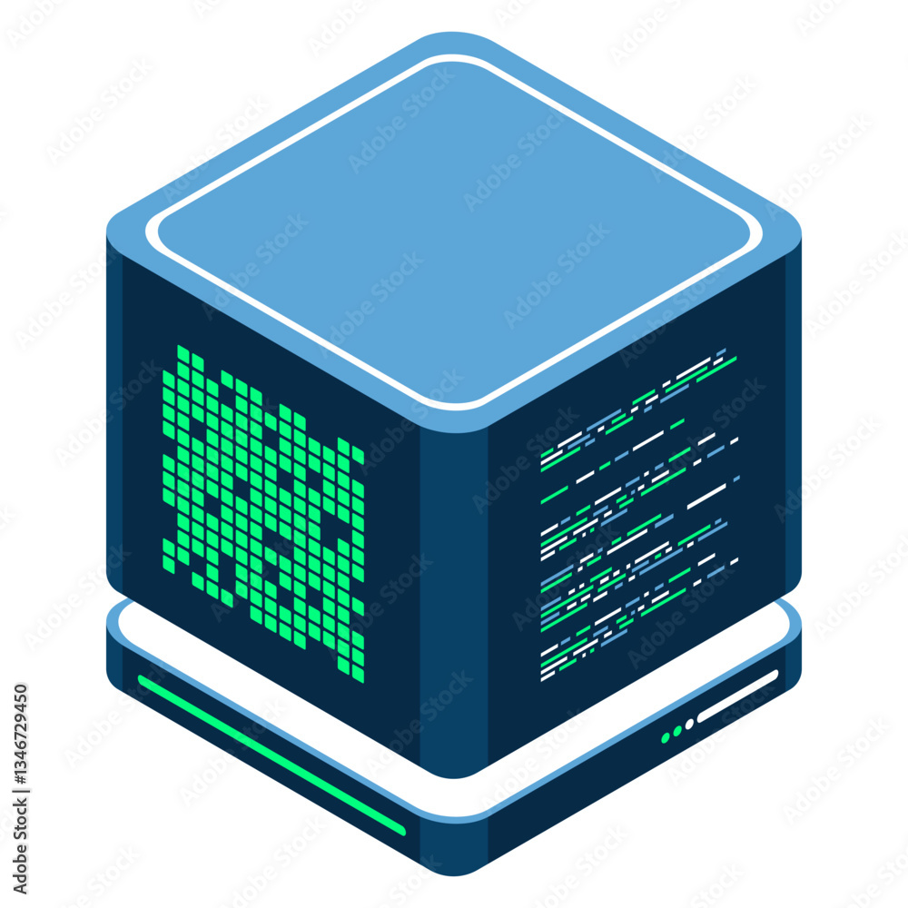 Poster isometric futuristic server. isometric database or data center. abstract blockchain. computer storag