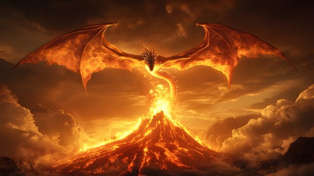 A radiant fire dragon soaring above an erupting volcano, lava and smoke swirling around it