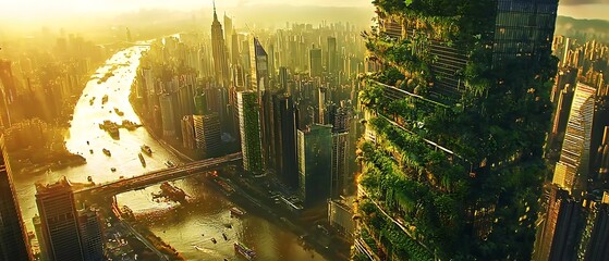 The harmony between nature and urbanization showcased in a cityscape at sunset, with a building covered in lush vegetation