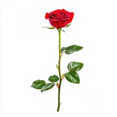 Fototapeta premium Stunning Fully Bloomed Red Rose with Green Leaves on a White Background for Floral Concept