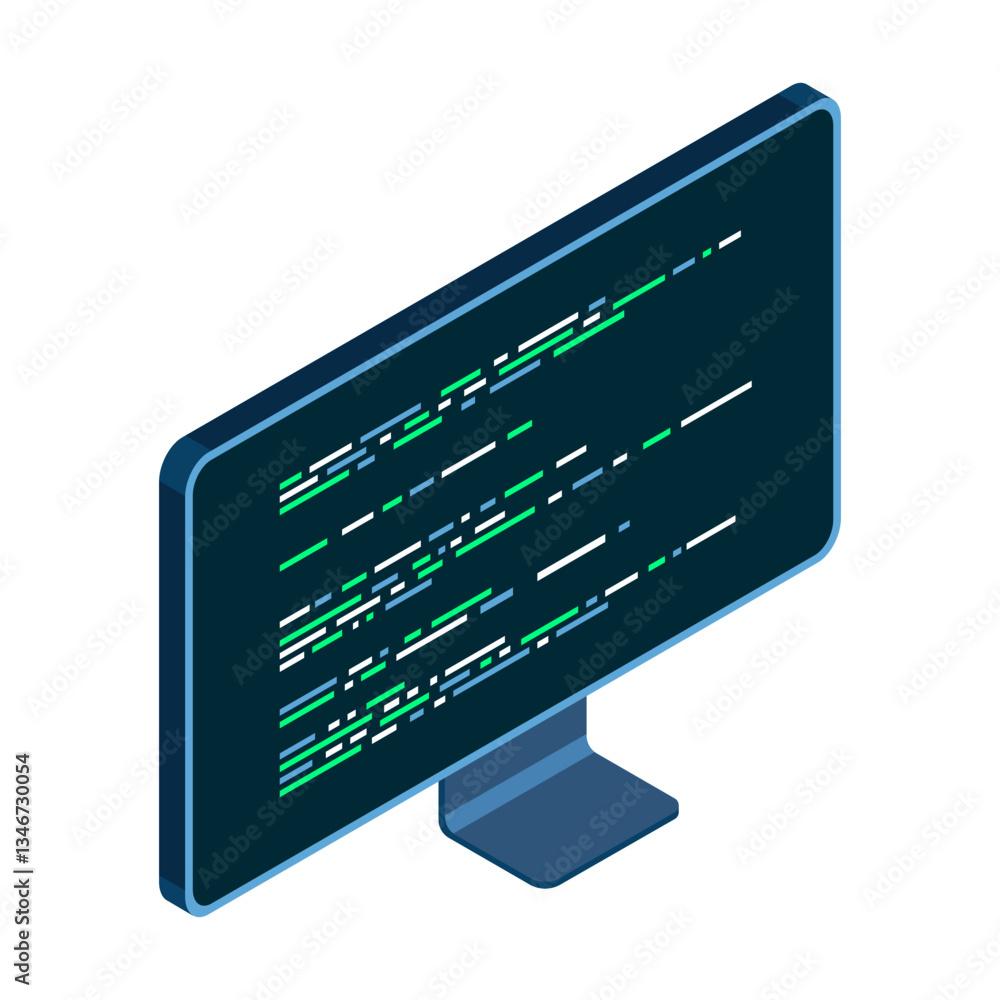 Poster Isometric monitor. Computer monitor isometric desktop. Program code on a monitor screen. Modern monitor. Vector illustration