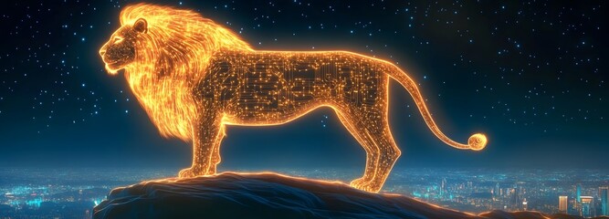 A majestic cybernetic lion with glowing neon mane, standing on a futuristic cliffside overlooking a neon city at dusk