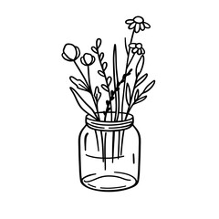 Wildflowers in a mason jar. Cute floral doodle, cottagecore vibes