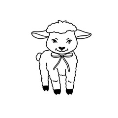 Cute lamb with a bow doodle. Easter lamb vector black and white illustration