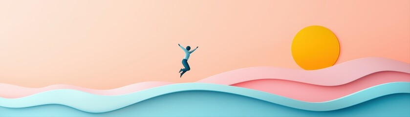 Joyful person jumping in a vibrant landscape symbolizing happiness and success in life