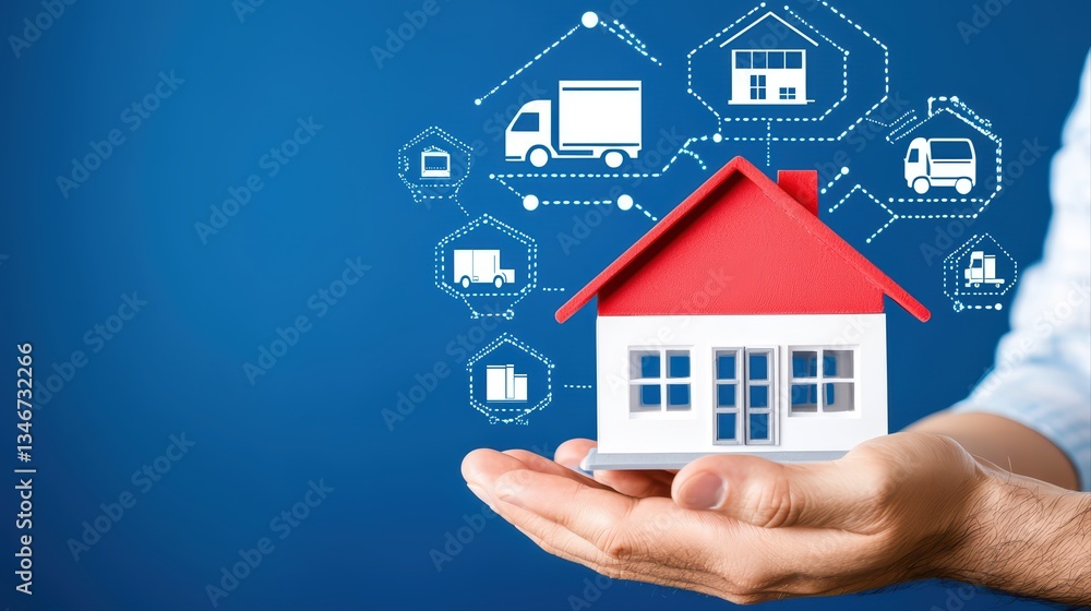 Poster concept of homeownership transition with digital elements and model house in hand