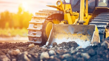 Heavy equipment working on a construction site Dirt and rocks are being moved