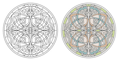 Vector elements. Blank for a classic stained-glass window with floral ornaments. Classic stained glass for a door or window