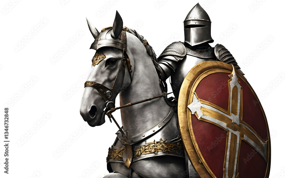 Poster crusader knight on a horse isolated on a empty plain background