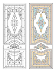 Vector elements. Blank for a classic stained-glass window with floral ornaments. Classic stained glass for a door or window