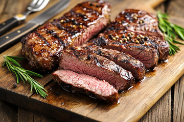Sliced, high-quality, rare steak, marinated in olive oil and garnished with whole-grain tortillas on a wooden board, with a sharp knife. 