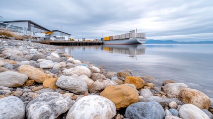 Coastal cargo ship docks at waterfront facility