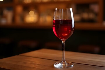 Glass of red wine on wooden table with bar background. Background for food, drink and product. Product mock up design