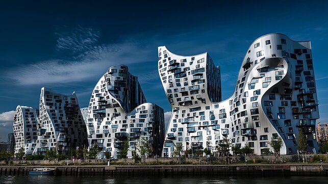 Unique architecture of The Wave apartments in Vejle Denmark, captures modern city living with its distinctive curved and fluid design