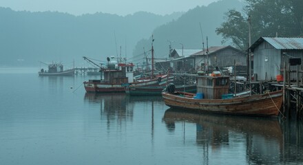 Fototapeta premium Misty Morning at the Fishing Village: Serene Reflections of Wooden Boats on Calm Waters